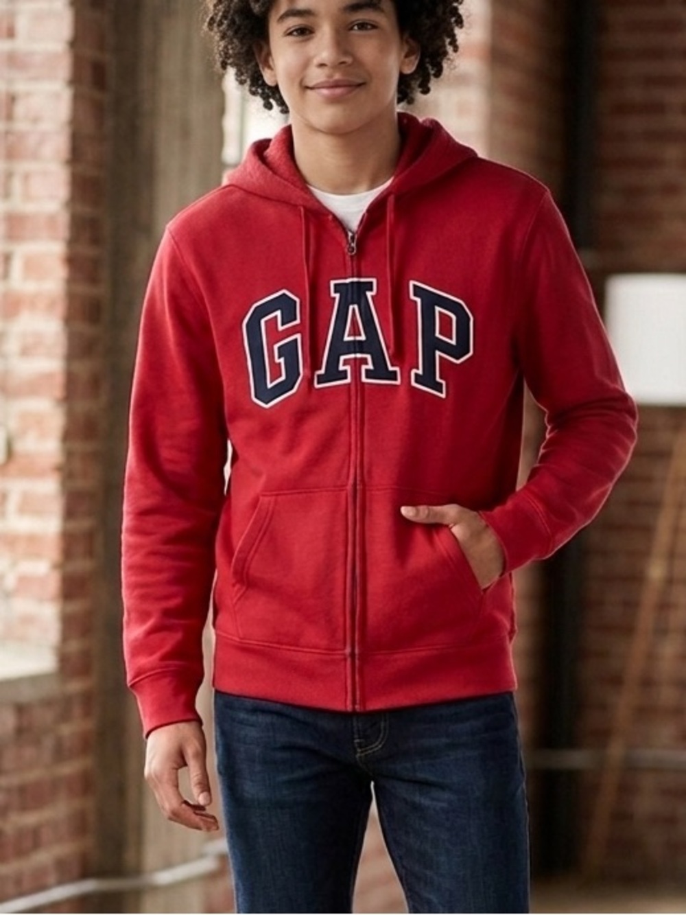 GAP Red Full-Zip Hoodie with Navy Logo Medium mens youth boys unisex
